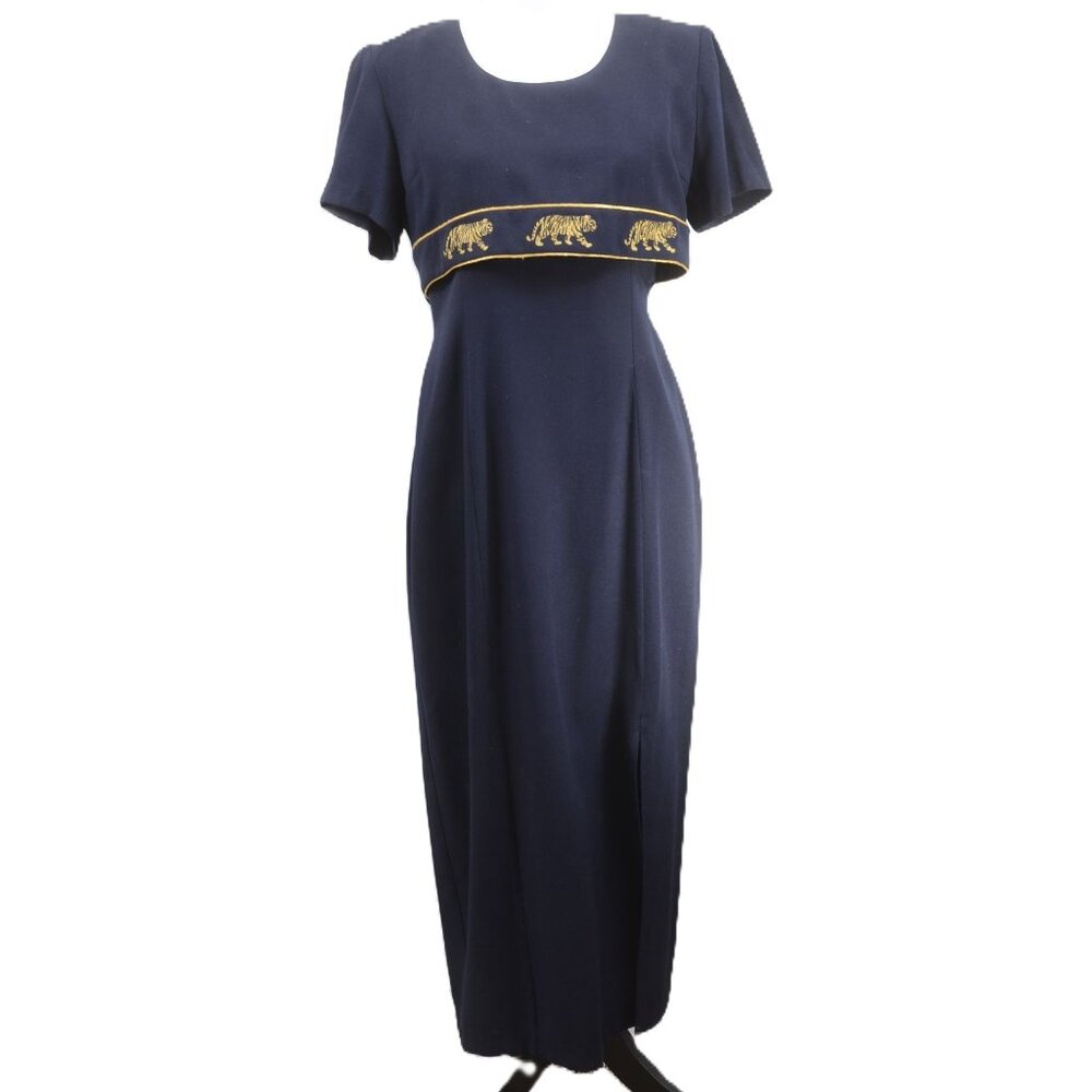 Vintage 80s Tigers Casual Corner Retro Navy Blue Sheath‎ Wiggle Dress Rockabilly